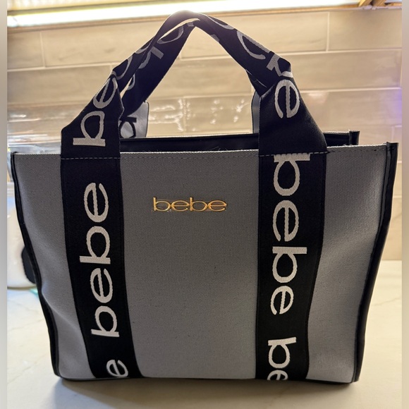Bebe Black and Denim Tote Bag with Gold Logo NWT - Picture 2 of 8